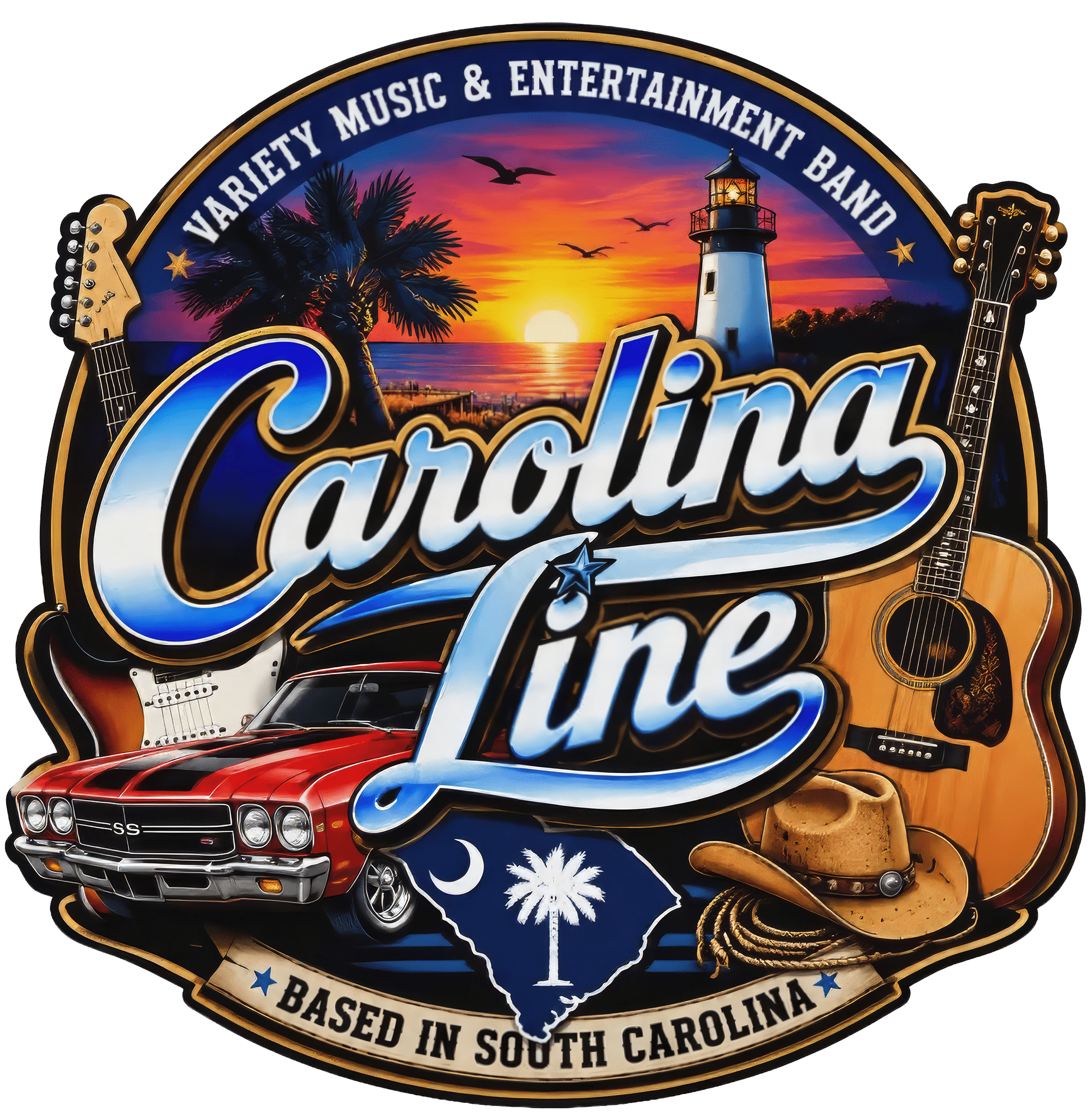 Colorful circular sign with guitars, a lighthouse and sunset and the word Carolina