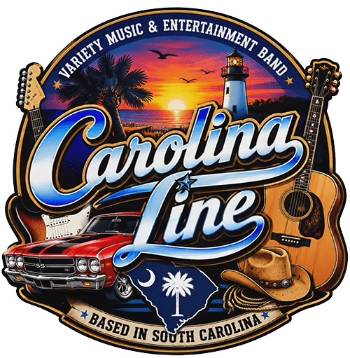 Carolina Line-Carolina Line logo-smaller Logo for Carolina Line, a variety music and entertainment band based in South Carolina, with a red classic car, guitars, sunset lighthouse, palm trees, and a hat.